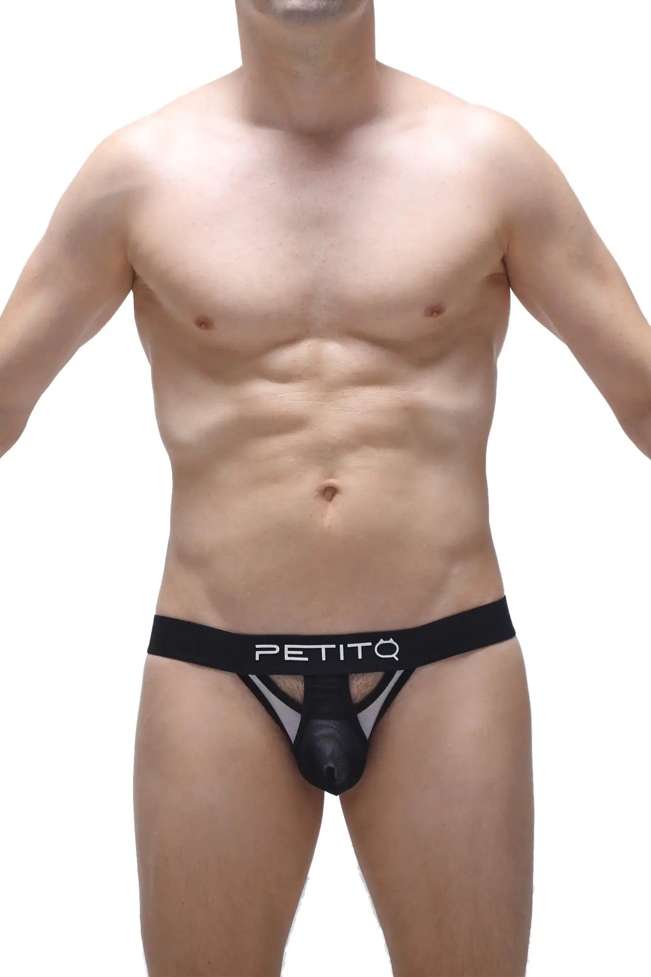 Black petitq thong bikini costac with mesh panel and solid front pouch for stylish swimwear look