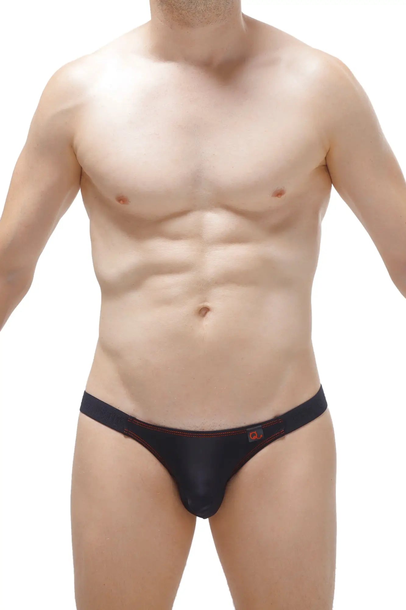 Black thong bikini with red stitching and small logo on waistband showing back side of bikini mothern black