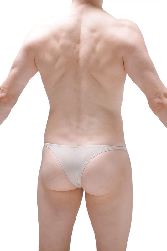 A sleek minimalist white thong bikini plellis sand made of smooth stretchy fabric shown from the back side