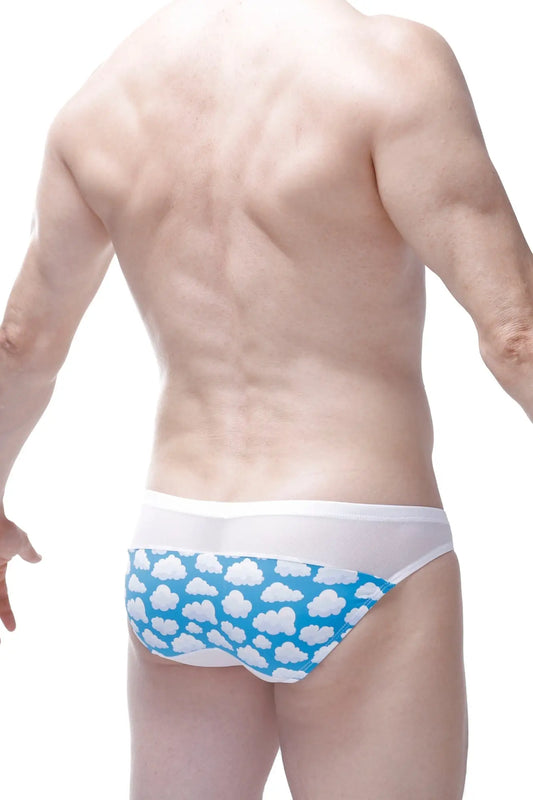 Blue and white cloud patterned swim trunks with a solid white waistband from bikini prix nuage collection
