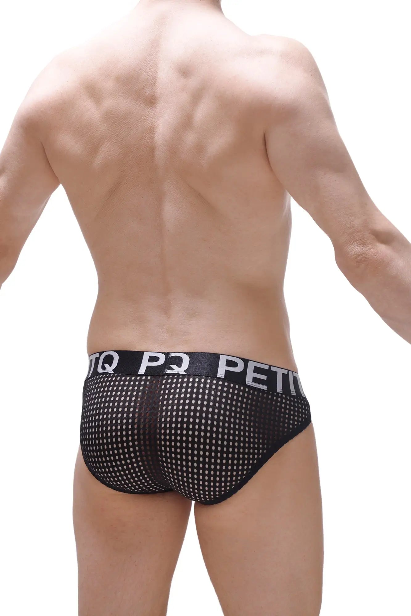 Black mesh bikini protruder durtol briefs with white perforated pattern and black waistband with pq petit logo
