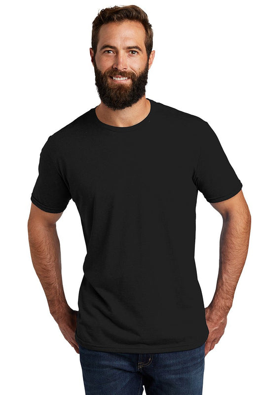 Black athletic t-shirt made from tri-blend material featuring a classic crew neck and short sleeves modeled by a man by Ajaxx63