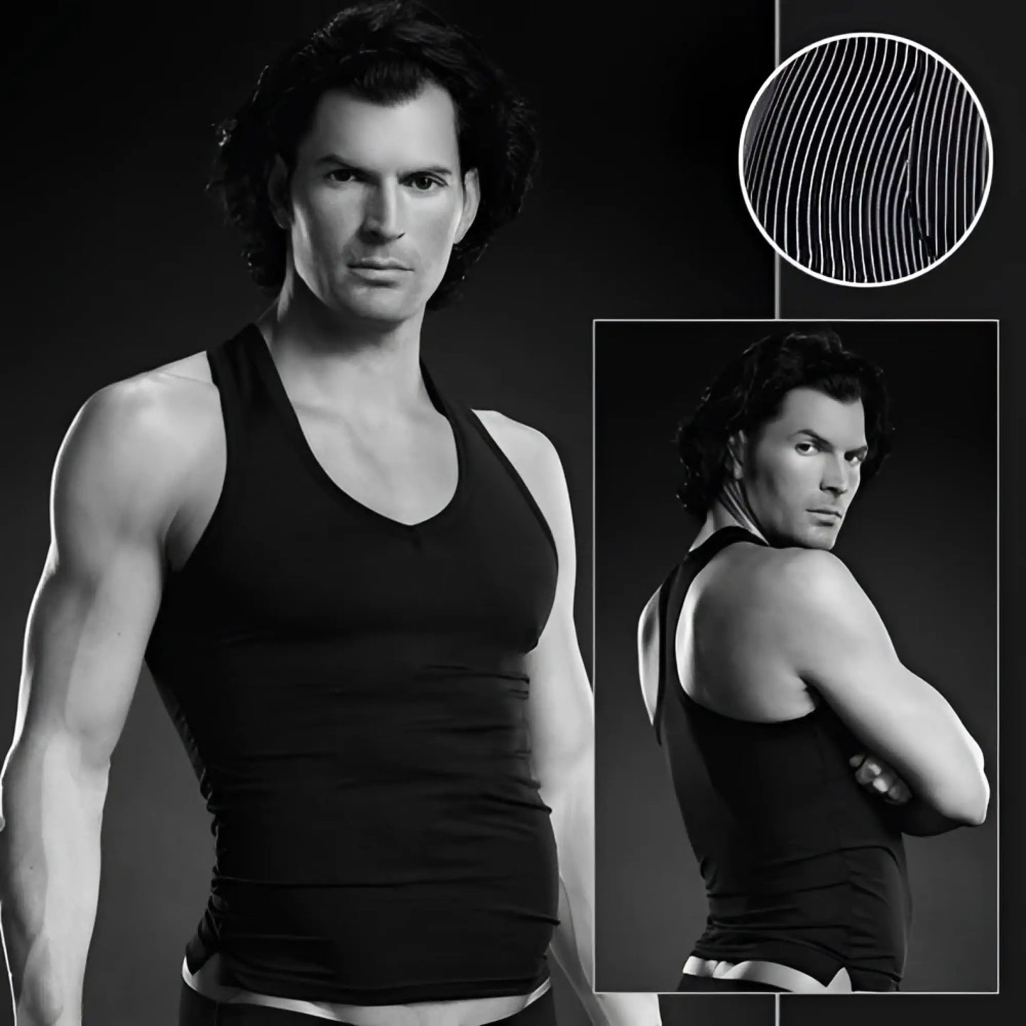 Black fitted v neck tank top in microfiber pinstripe material from blue line performance in size l/xl