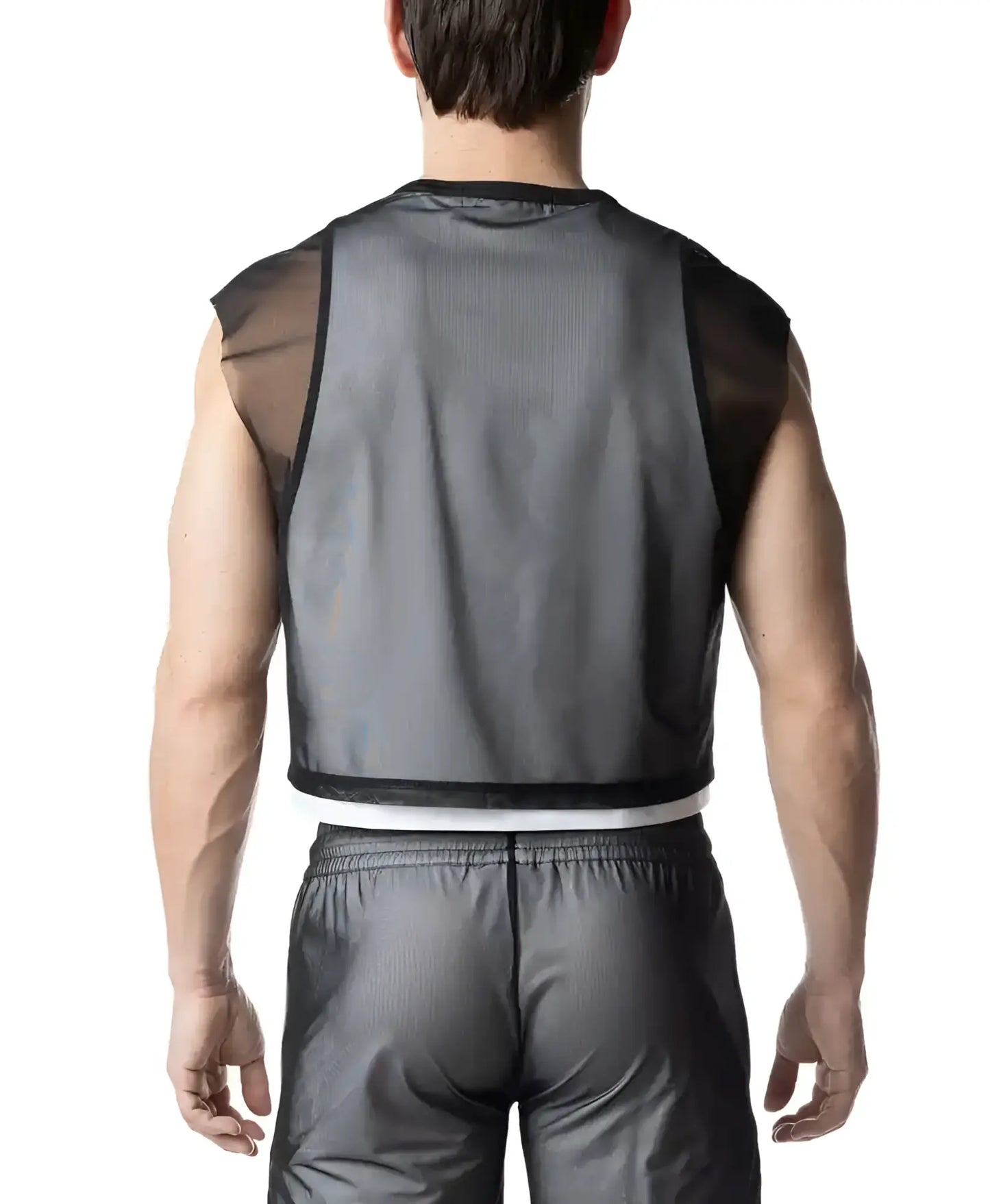 Black mesh sleeveless athletic vest blur crop top with sheer panels and ribbed texture for active wear