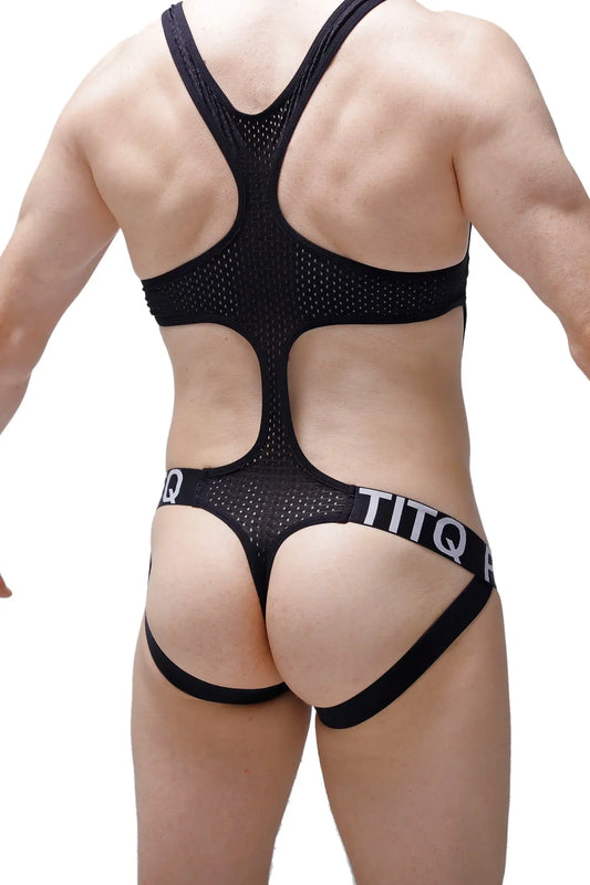 Black mesh bodysuit body jockstring oze durtol with cutout design and titq branding on the waistband