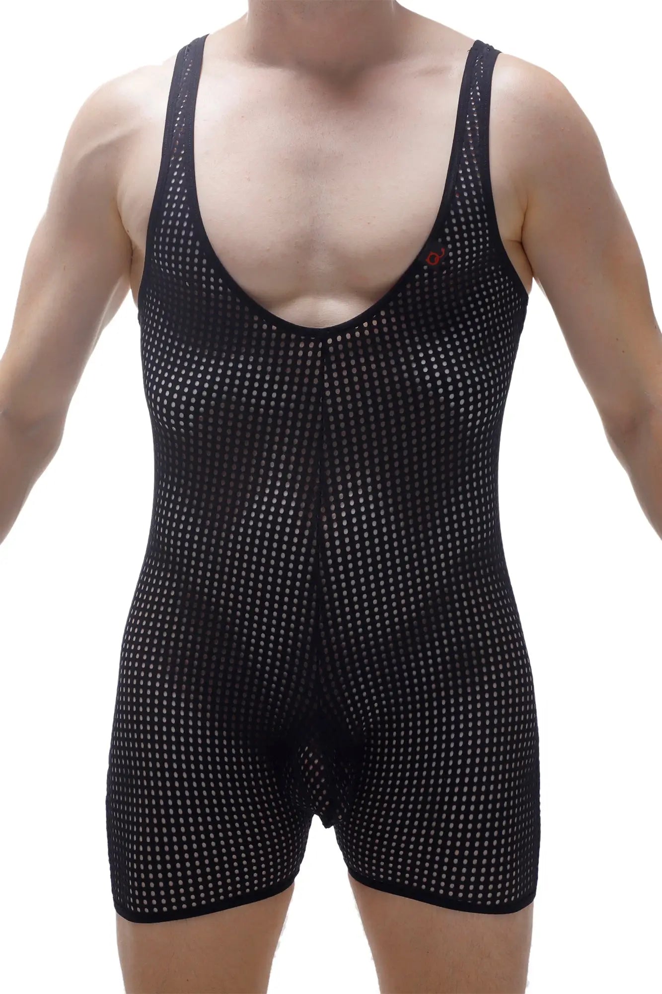 Bodyboxer Durtol black mesh singlet with a tight-fitting design and subtle white dot pattern