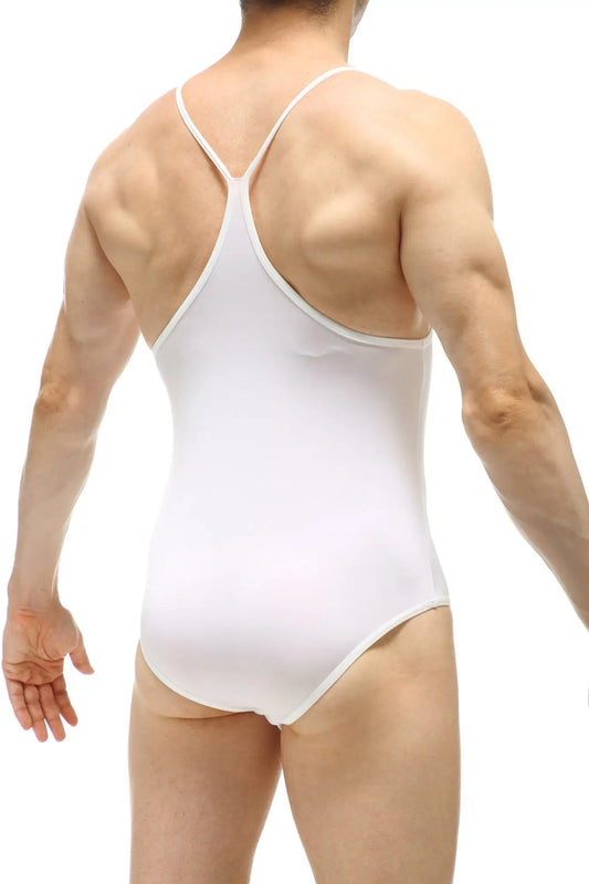 White one-piece swimsuit bodybrief plum white with thin crisscross shoulder straps and smooth form-fitting design