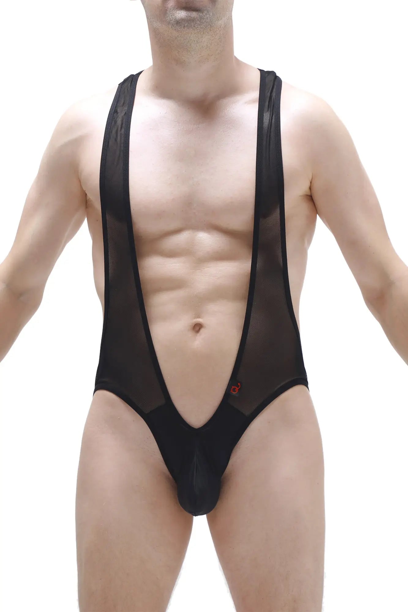 Black mesh bodysuit antry net black with deep v-neckline and solid fabric legs in black color