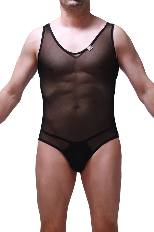 Black sheer mesh one-piece swimsuit with black trim and small logo on chest bodysuit bolver black style