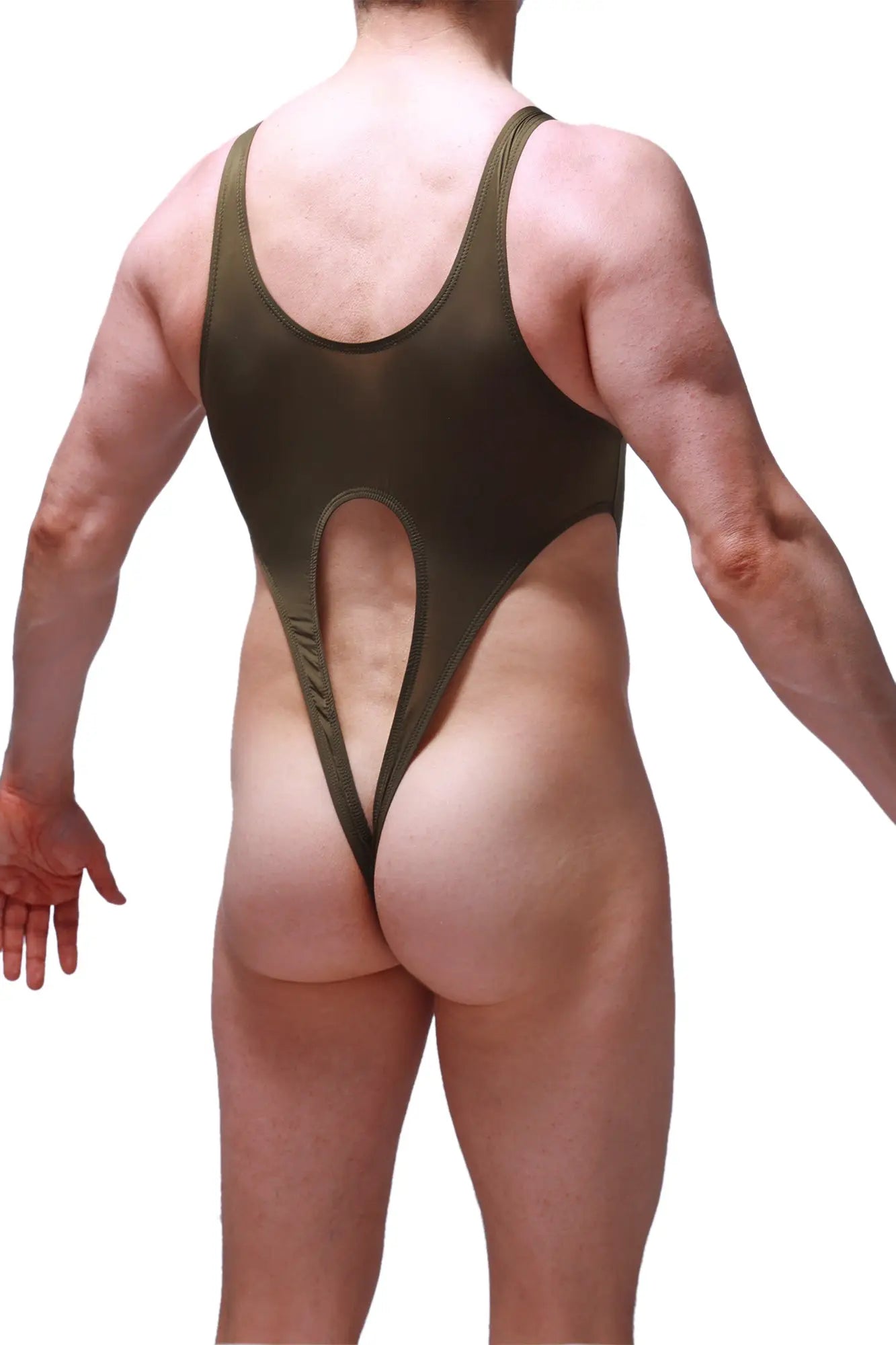Olive green one-piece swimsuit bodysuit caussol with high-cut leg and back cutout design for stylish swimwear look