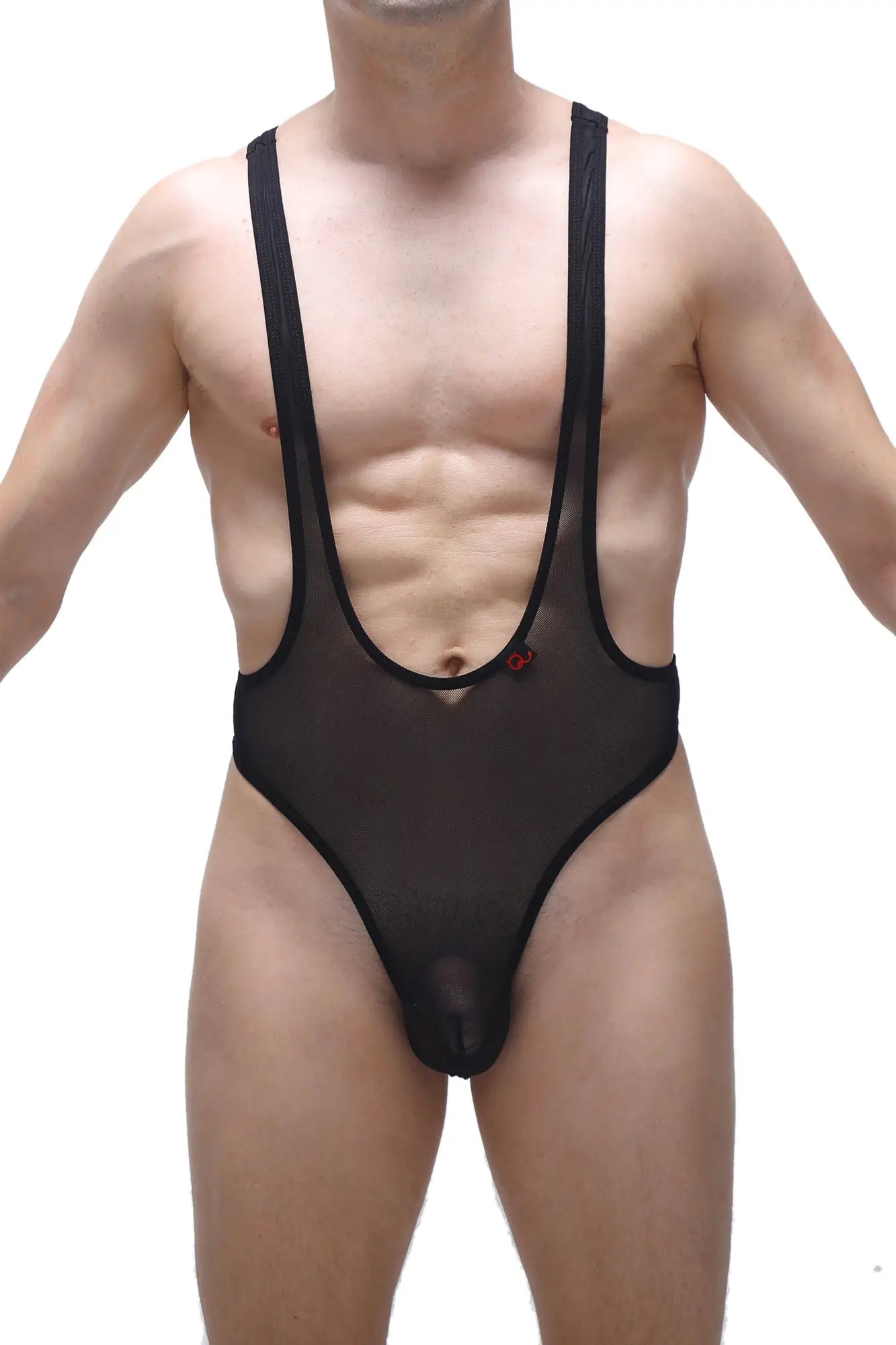 Black sheer mesh one-piece bodysuit thong with black elastic straps and small red logo on the chest