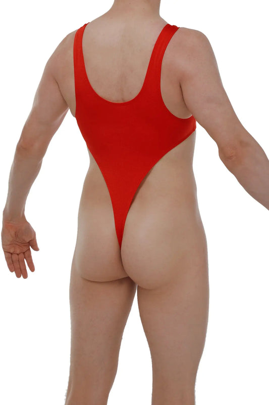 A vibrant red bodythong carbay joe one-piece swimsuit with wide shoulder straps and high-cut leg design