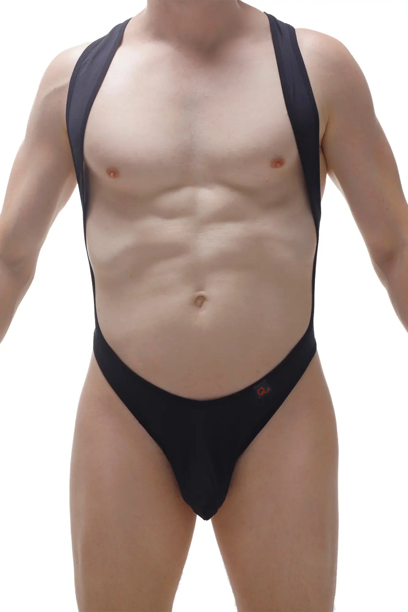 Black BodyThong Deluz one-piece swimsuit with wide shoulder straps and high-cut leg design front view