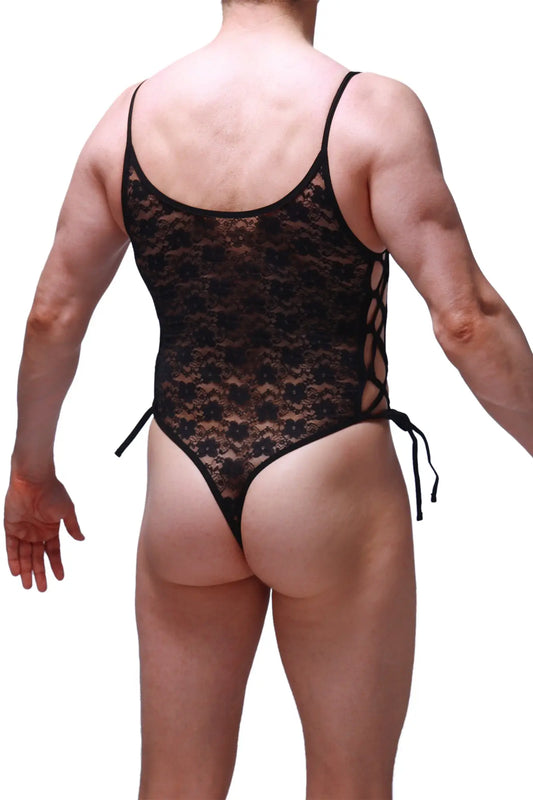 Black lace bodythong with floral pattern and side ties in a delicate lace material for intimate wear