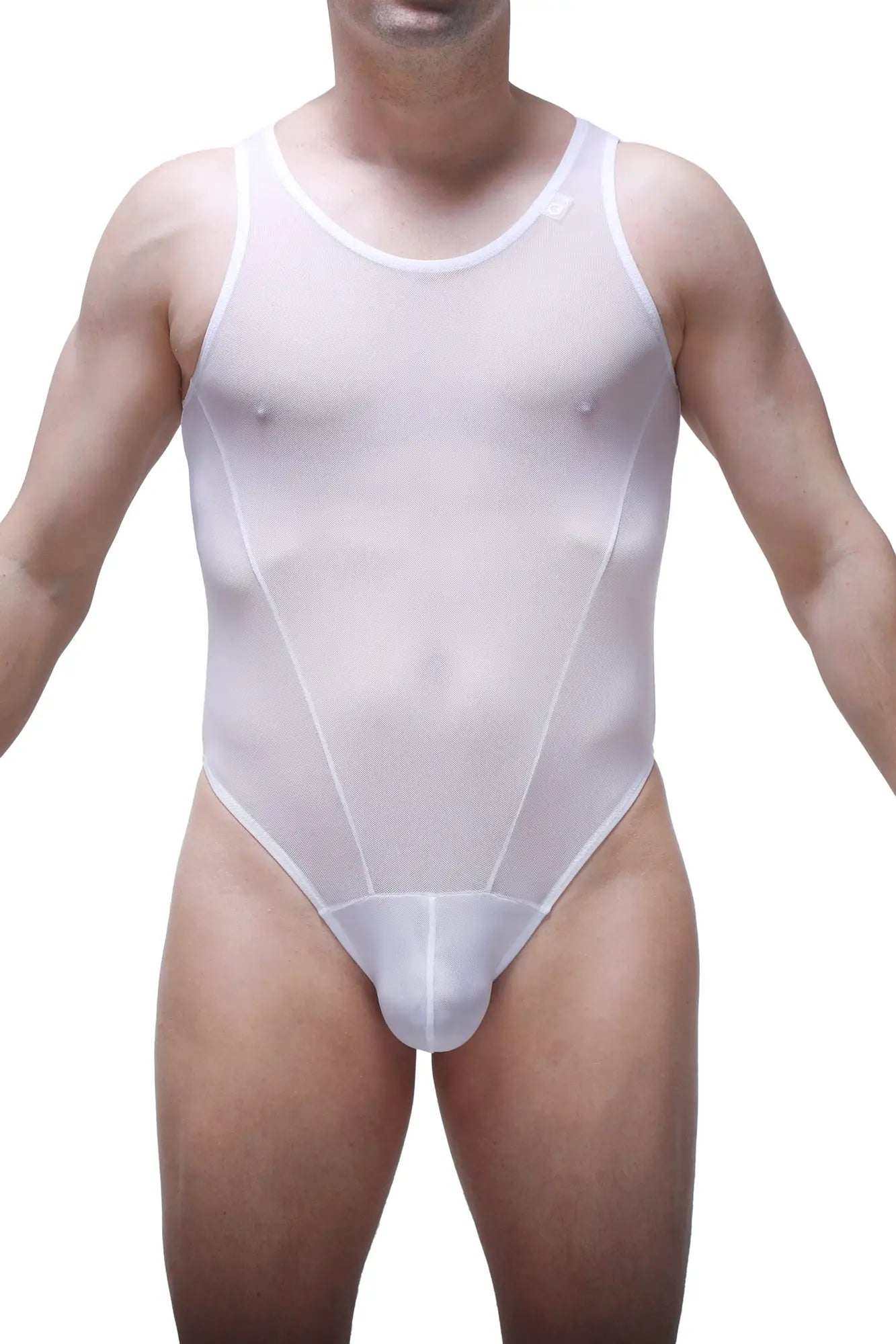 White sheer mesh one-piece swimsuit bodythong liry net white with rounded neckline and high-cut legs