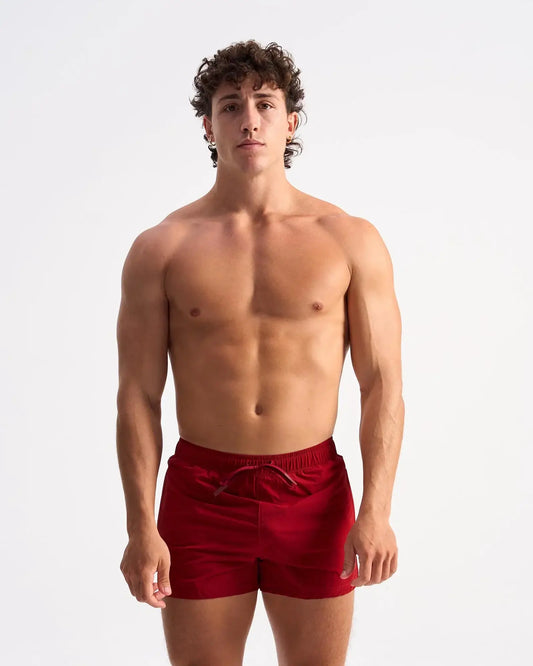 Bolt 3 inch short red velvet swim trunks with drawstring waistband for comfortable beachwear