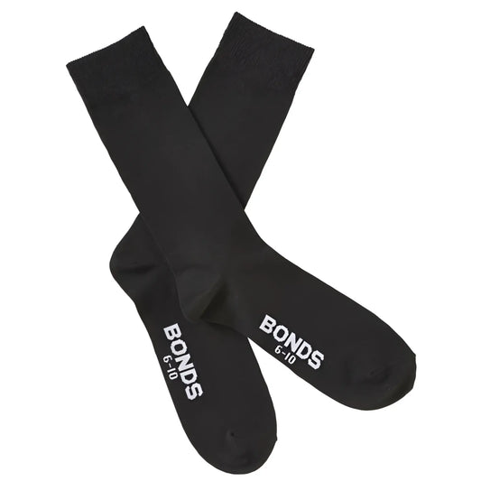 Black cotton bonds everyday oxford crew socks 3 pack size 6-10 showing white branding on the heel back side