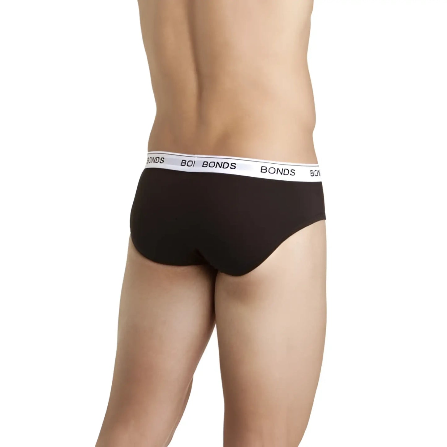 Black bonds guy front brief underwear in size large featuring black fabric and white elastic waistband with brand name