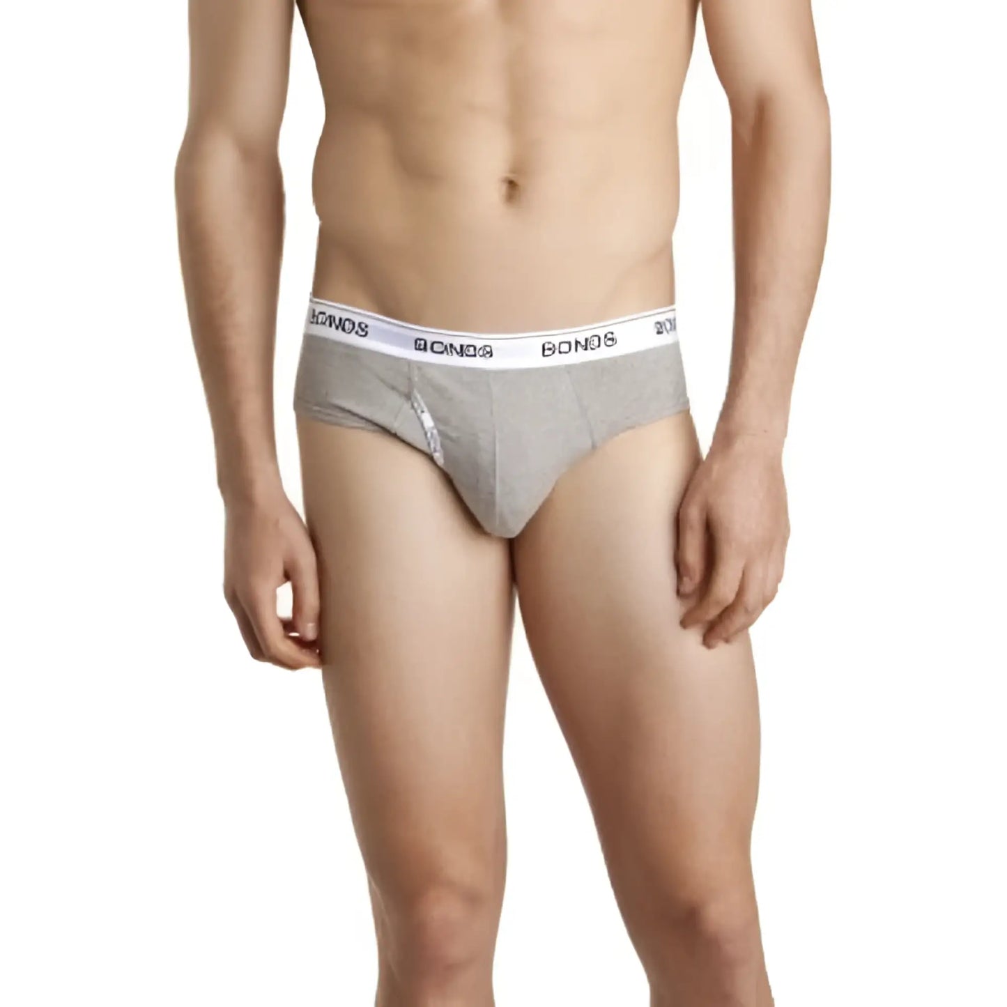 Gray Bonds guy front brief underwear in size L with a white elastic waistband featuring black brand lettering