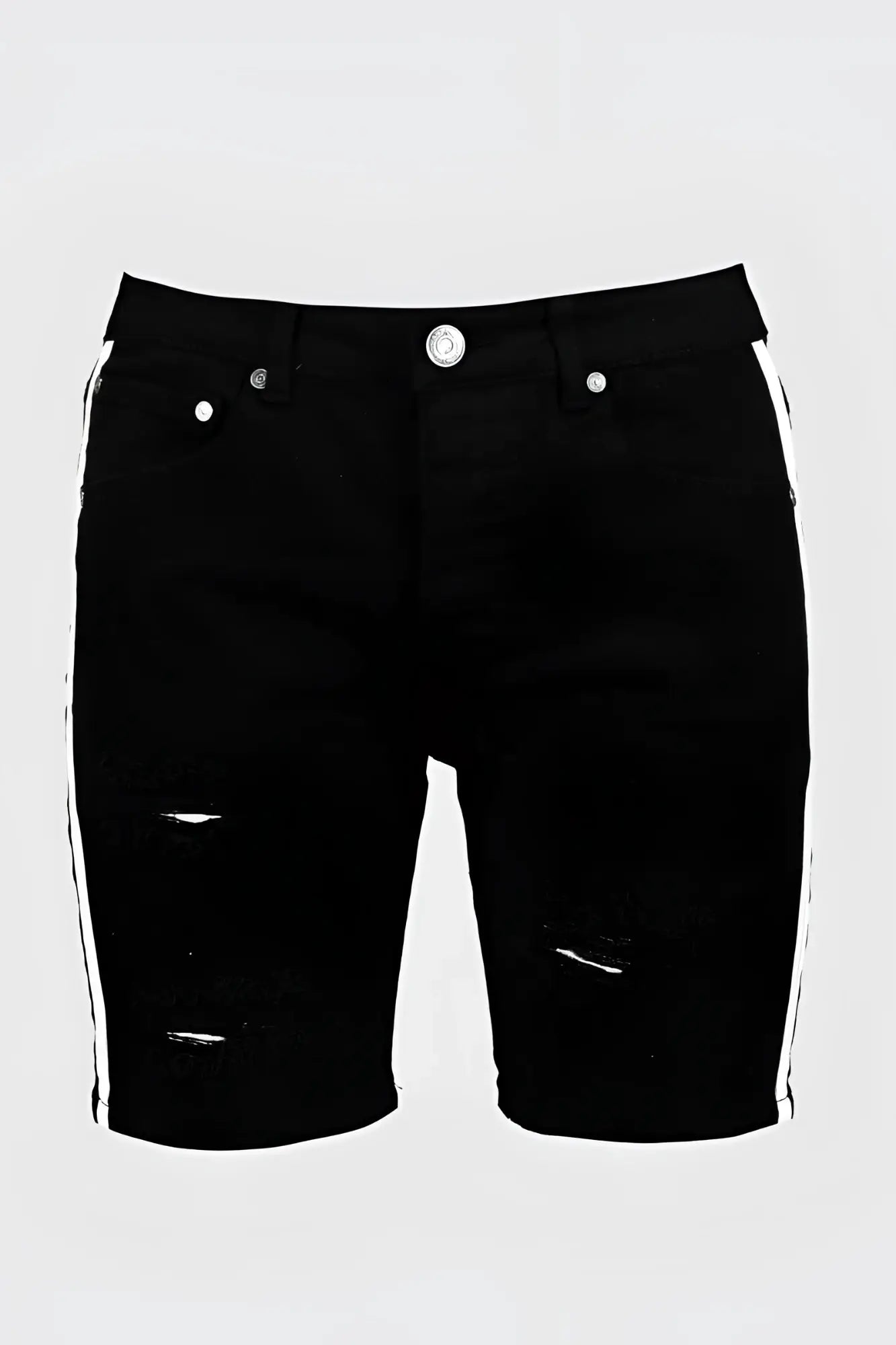 Black boohoo skinny fit denim shorts with white side tape and distressed ripped details size 32