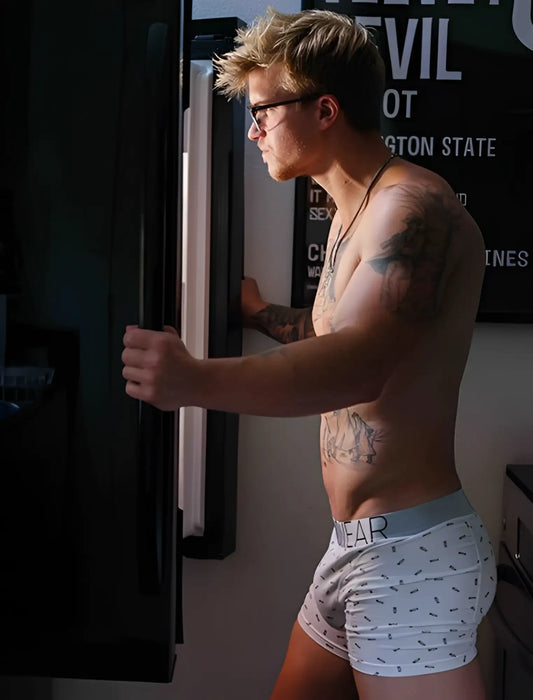 White boxer briefs with gray waistband featuring dear logo and dark patterned dots in size large for menswear