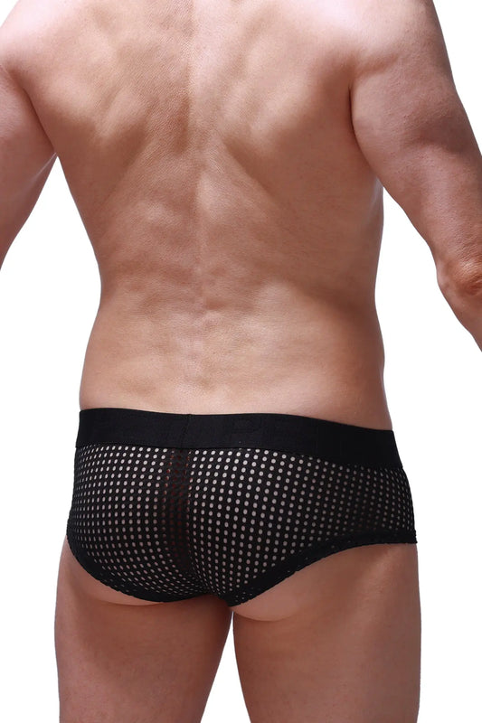 Boxer brief chill durtol black black mesh briefs with solid black waistband and white dot pattern front view
