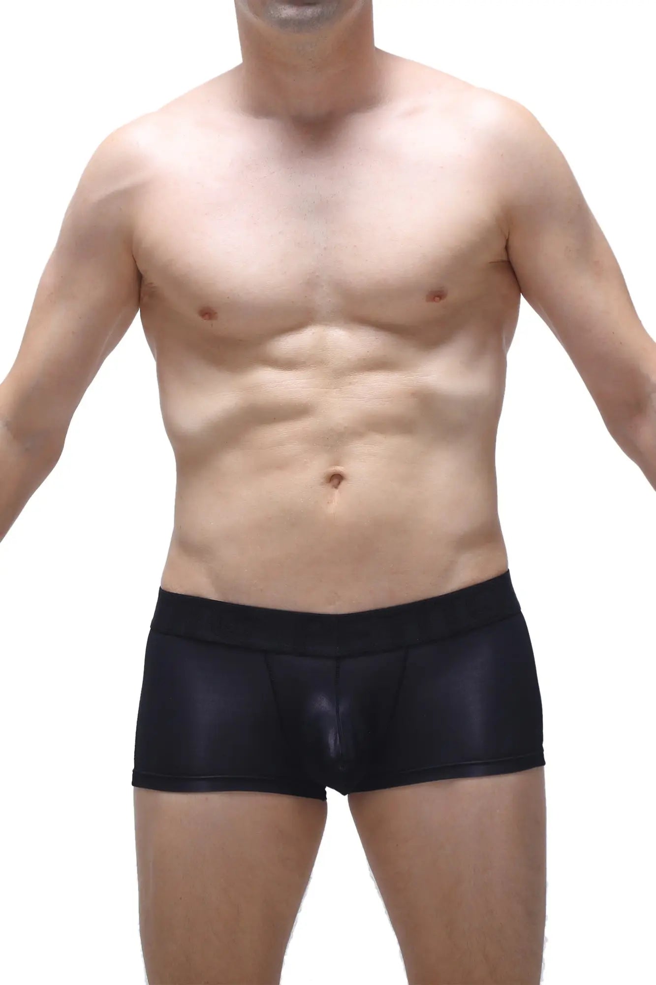 Black shiny form-fitting boxer brief dome voile black made of smooth sleek material for comfortable wear