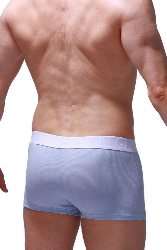 Light blue ribbed men’s boxer briefs with a white elastic waistband featuring the brand logo in sky blue