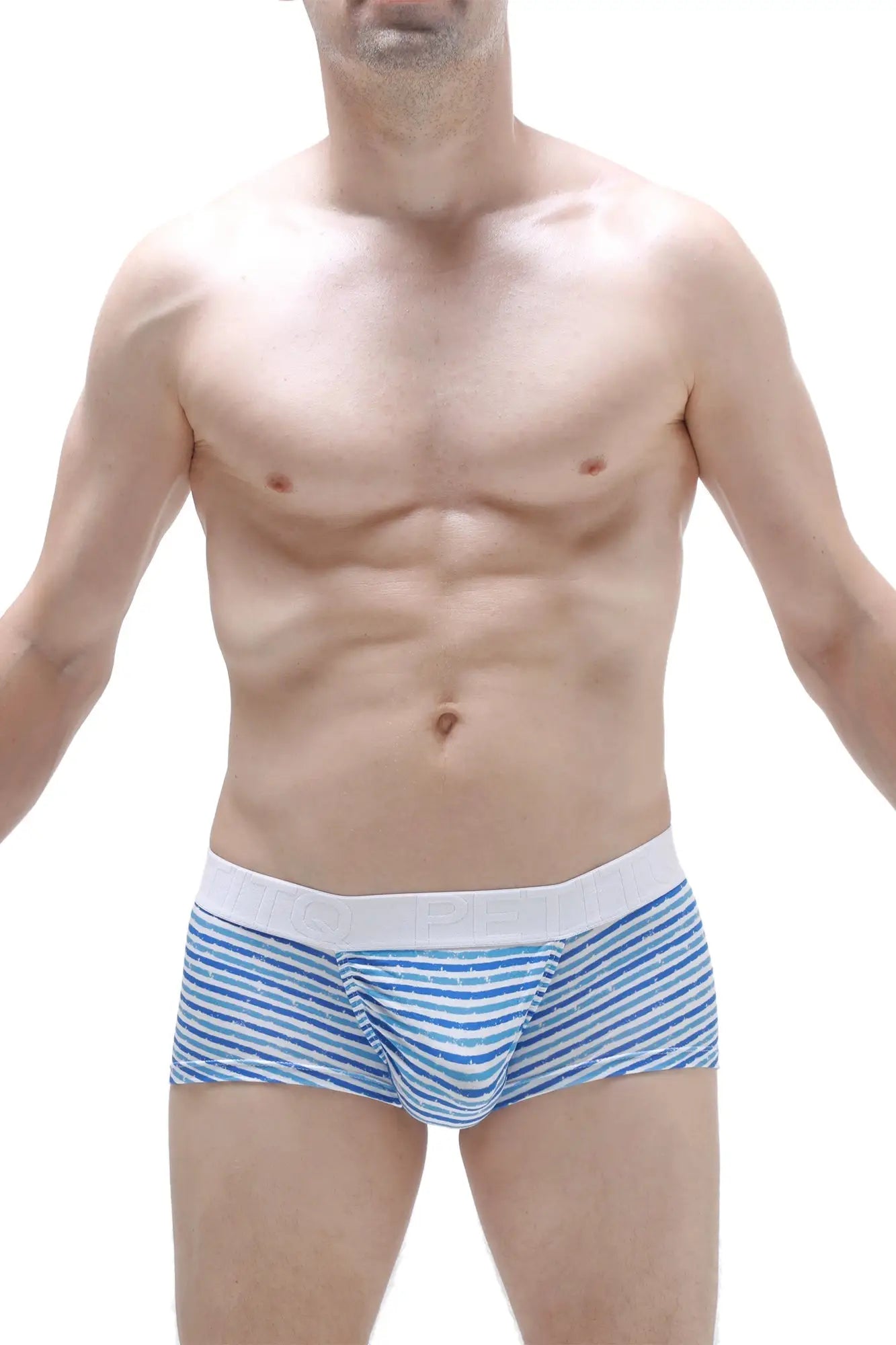 Blue and white striped boxer briefs with solid white waistband in breathable fabric for comfortable everyday wear