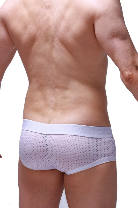 White mesh boxer briefs with solid white qube waistband designed for comfort and breathability in chill bee white color