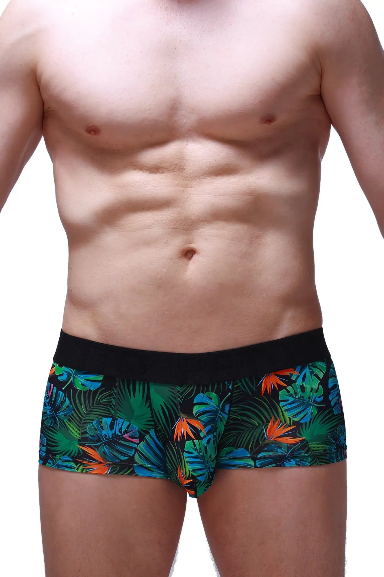 Boxer Chill Souarce tropical boxer briefs with tropical leaf pattern and black waistband for comfortable wear