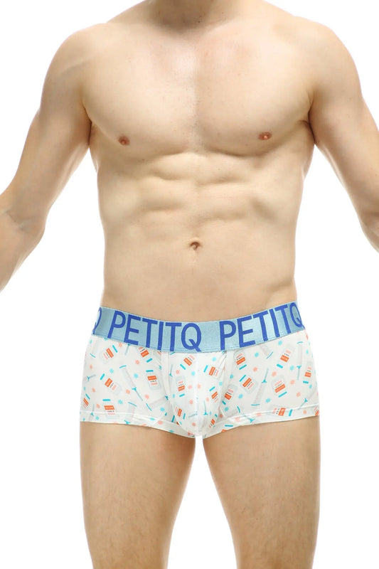 White men’s boxer briefs with colorful cartoon food pattern and light blue petitq waistband for comfort use