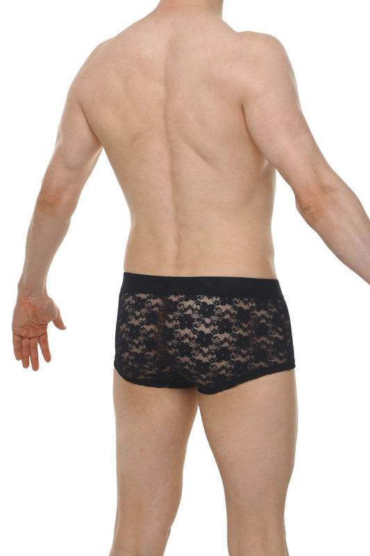 Black lace boxer brief with delicate floral pattern and solid black waistband from Boxer Montils Lace Black collection
