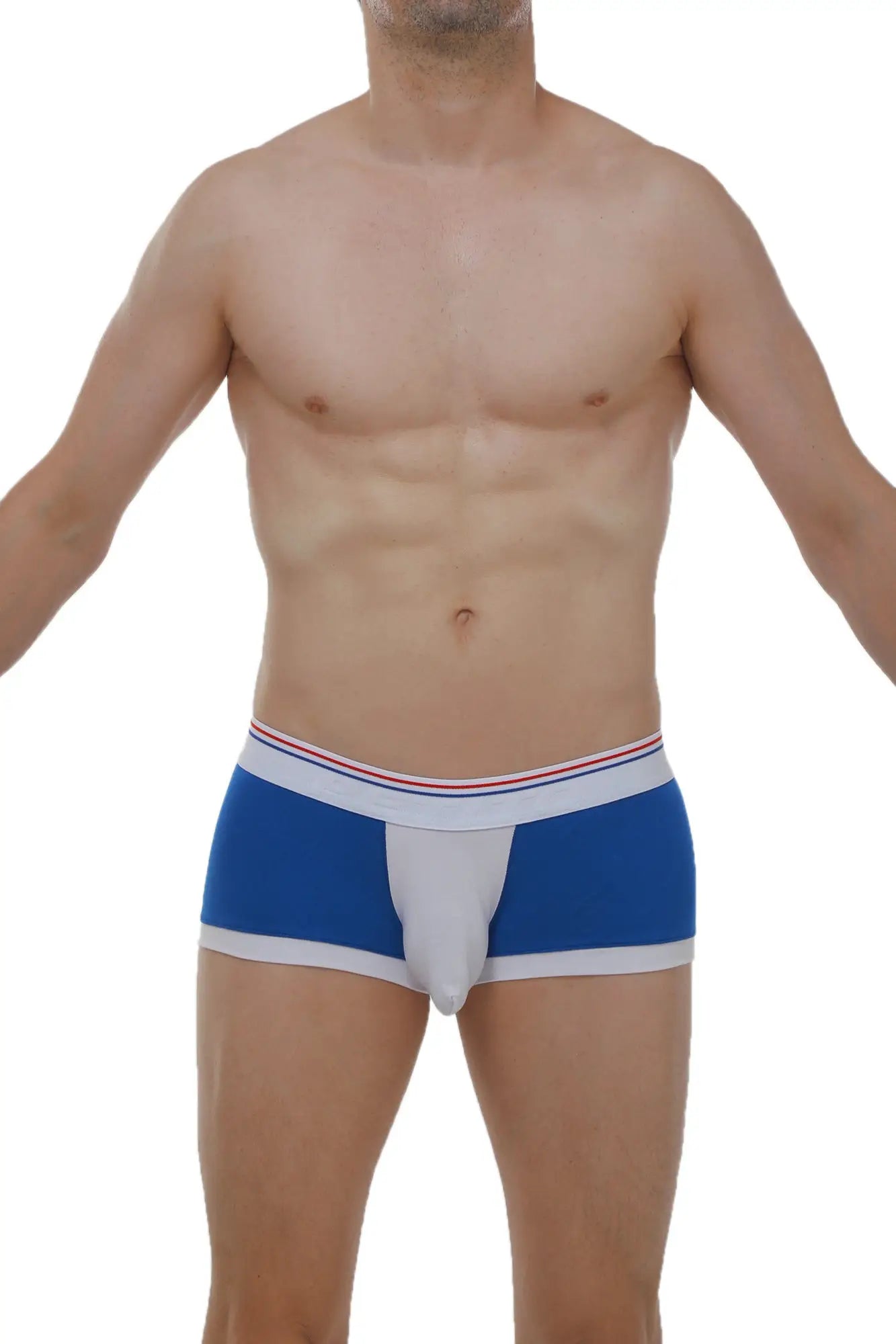 Boxer linay blue men’s briefs in blue and white with a red white and blue striped waistband for comfortable wear