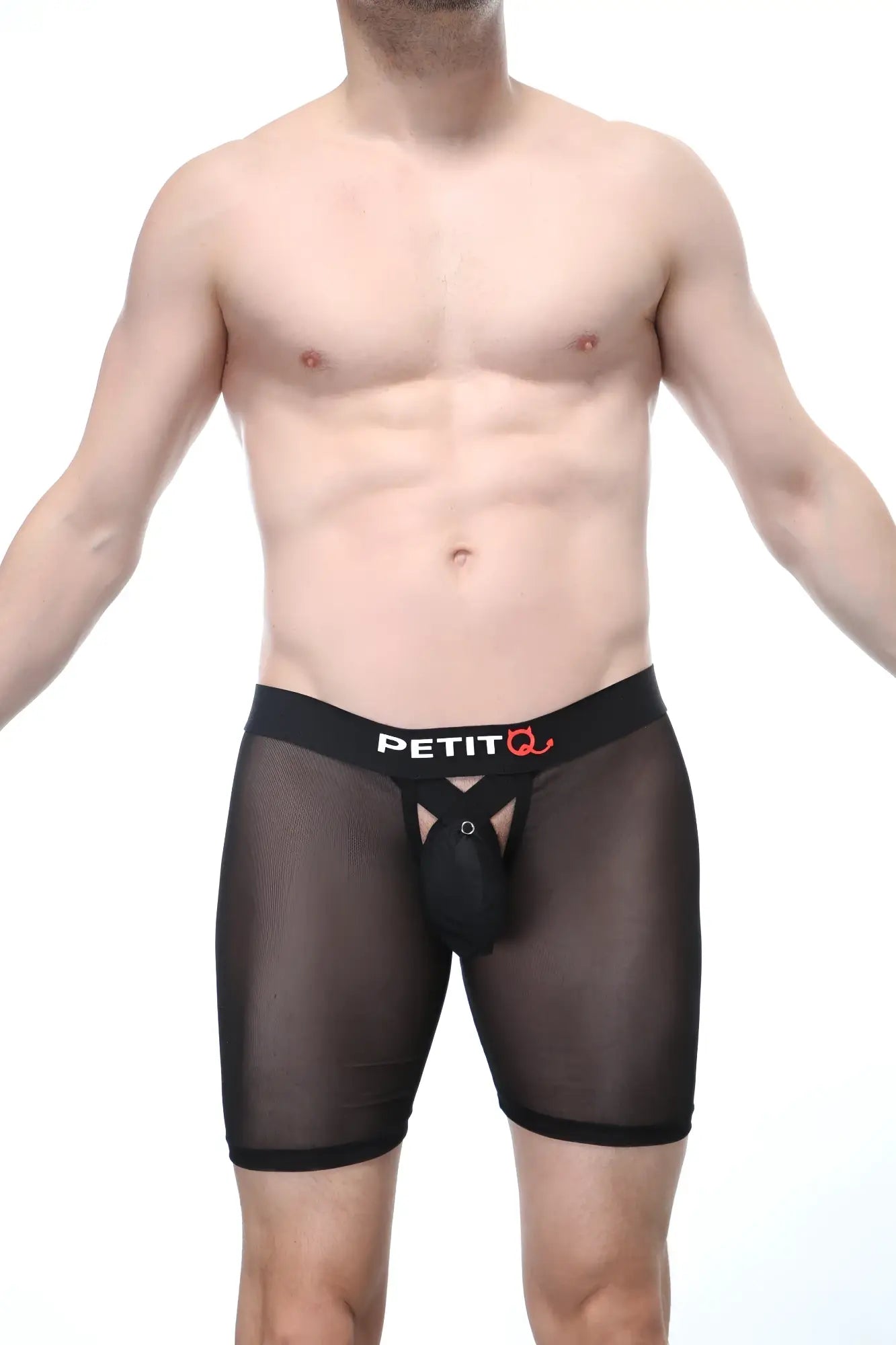 Black mesh boxer miniac briefs with black elastic waistband featuring petit logo and internal pouch design