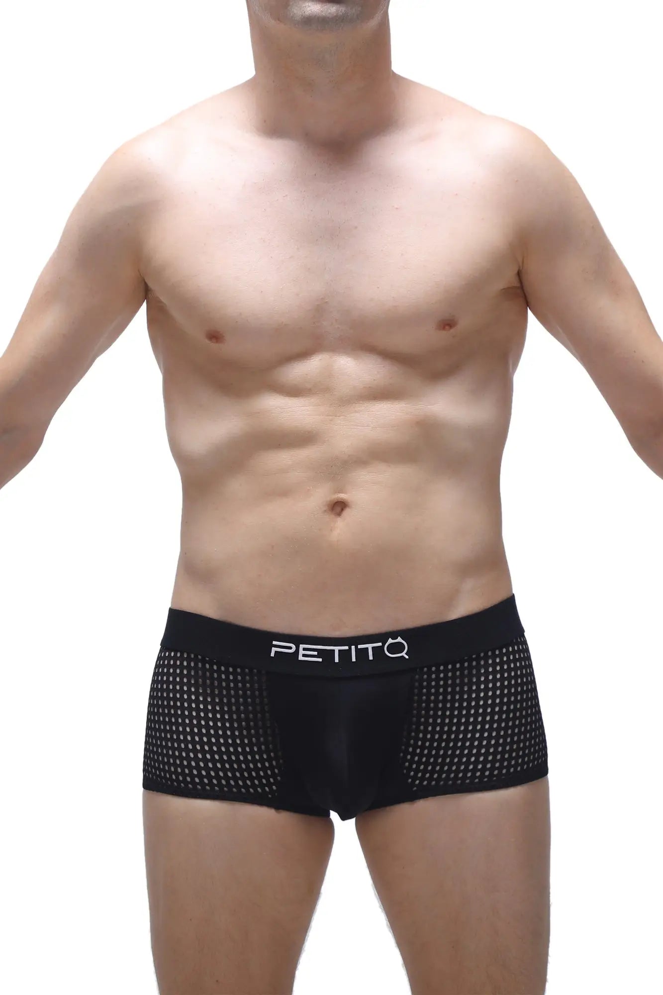 Black mesh boxer briefs with white petitq logo on waistband in noth durtol black color