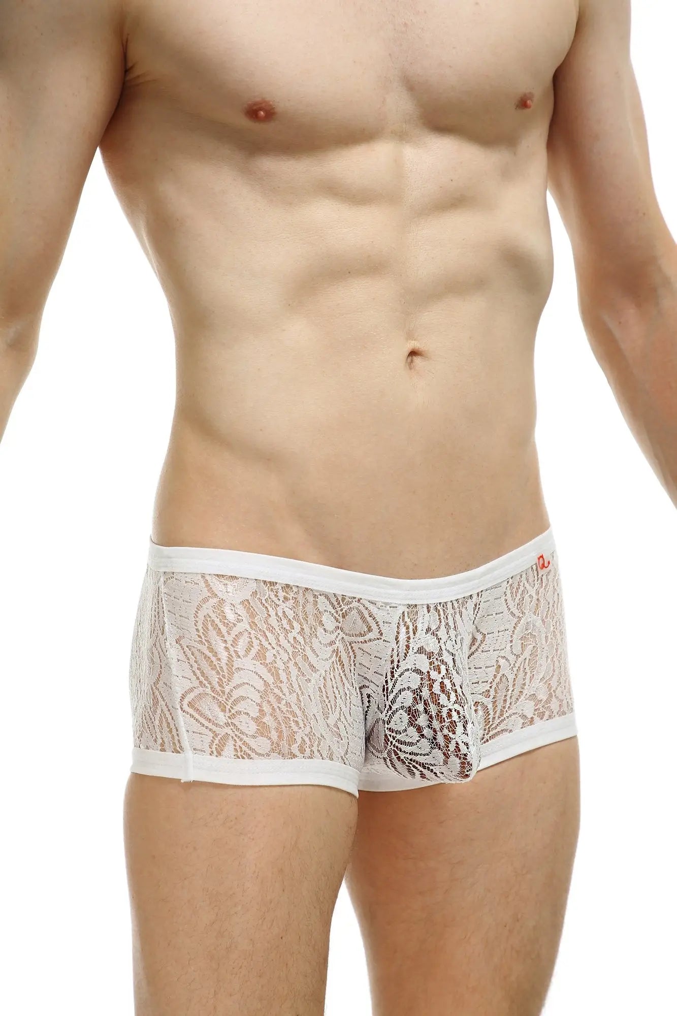 White lace men’s boxer briefs with delicate floral patterns and subtle sheen in plouhac lace white design
