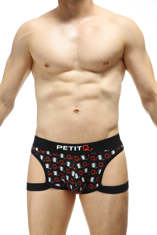 Black petitq men’s briefs boxer poggio millesime with white and red cartoon skull pattern on black fabric