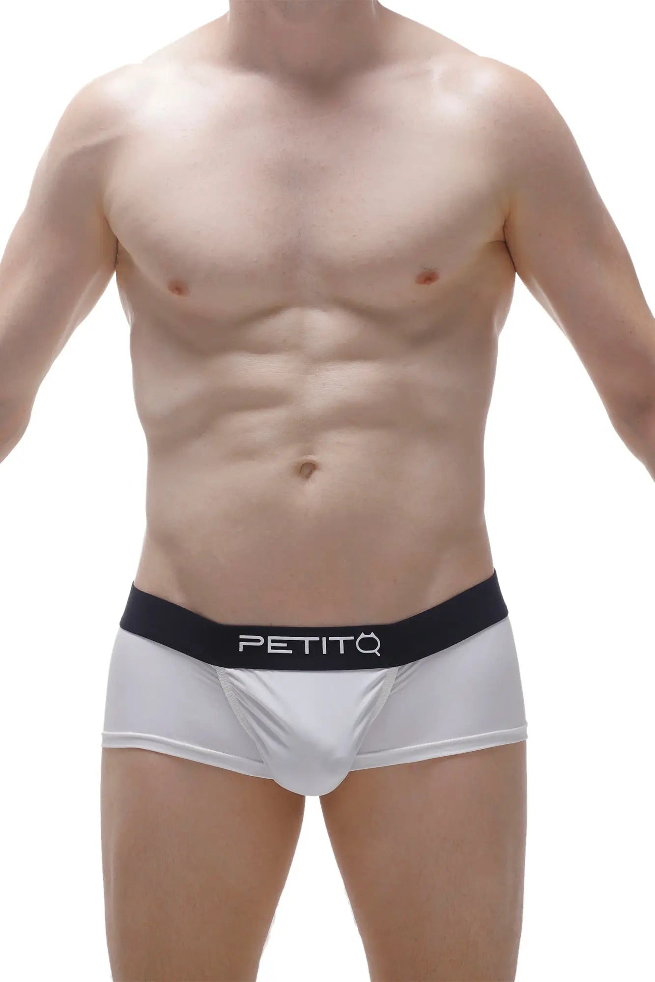 White petitq boxer briefs with black logo waistband made from econyl material in white color