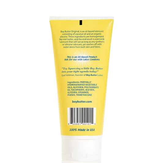Bright yellow tube of Boy Butter original oil-based lubricant with white cap and black barcode for personal use