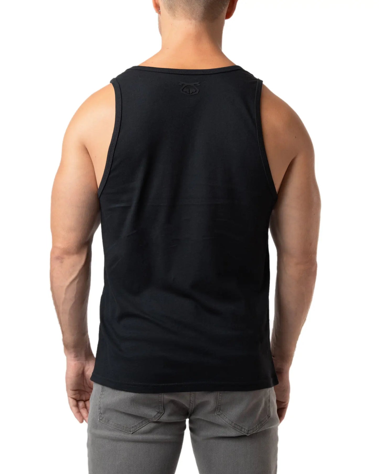 Black brandmark tank sleeveless back view with subtle logo on upper back ideal for casual wear