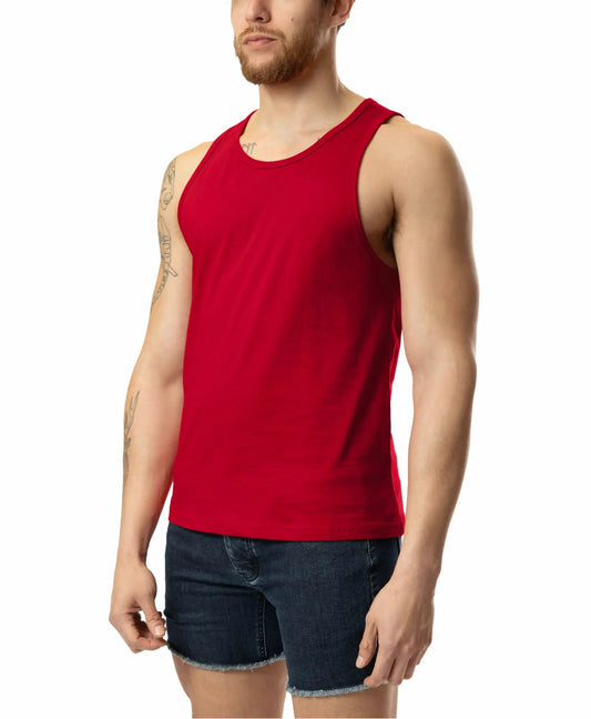 Red sleeveless tank top brandmark tank with simple round neckline and smooth fabric for casual wear