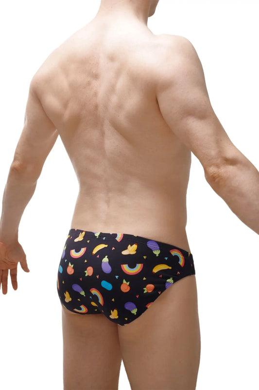 Brief ansan sitges black swim trunks with colorful rainbow fruit and vegetable pattern for casual beachwear