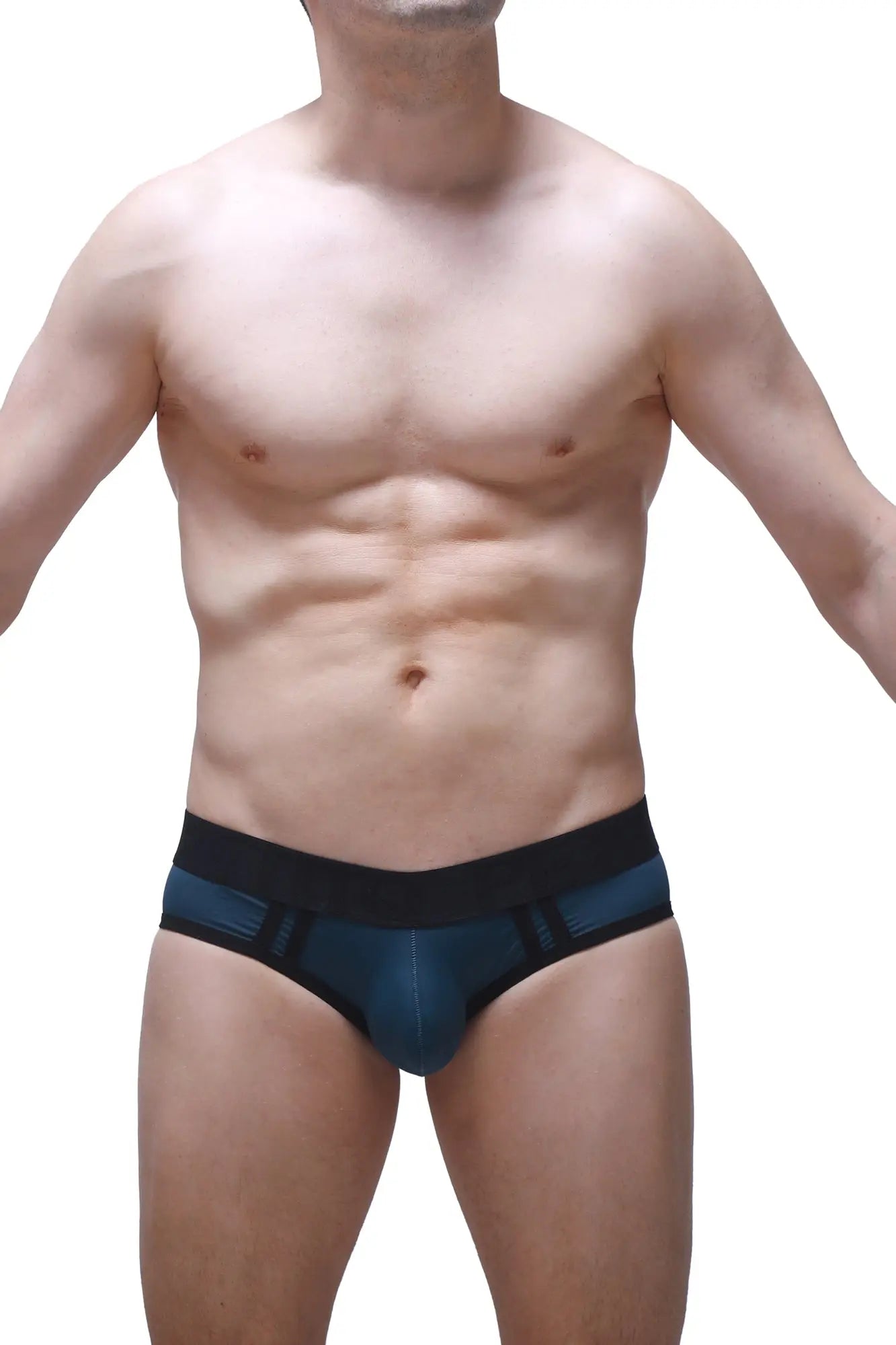 Dark blue athletic briefs with a black elastic waistband and subtle geometric pattern accents in prussian blue