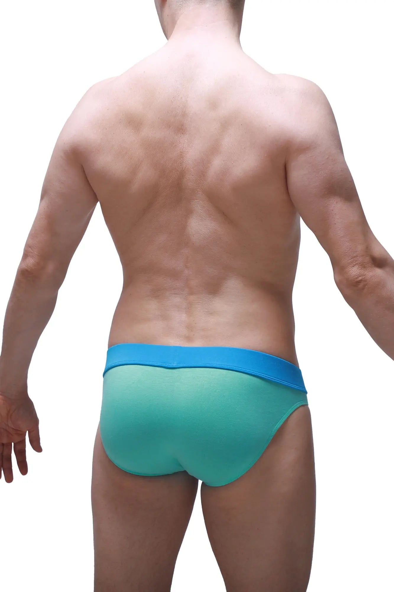 Brief blaru bamboo green turquoise and blue gradient swim trunks with smooth stretchy fabric waistband