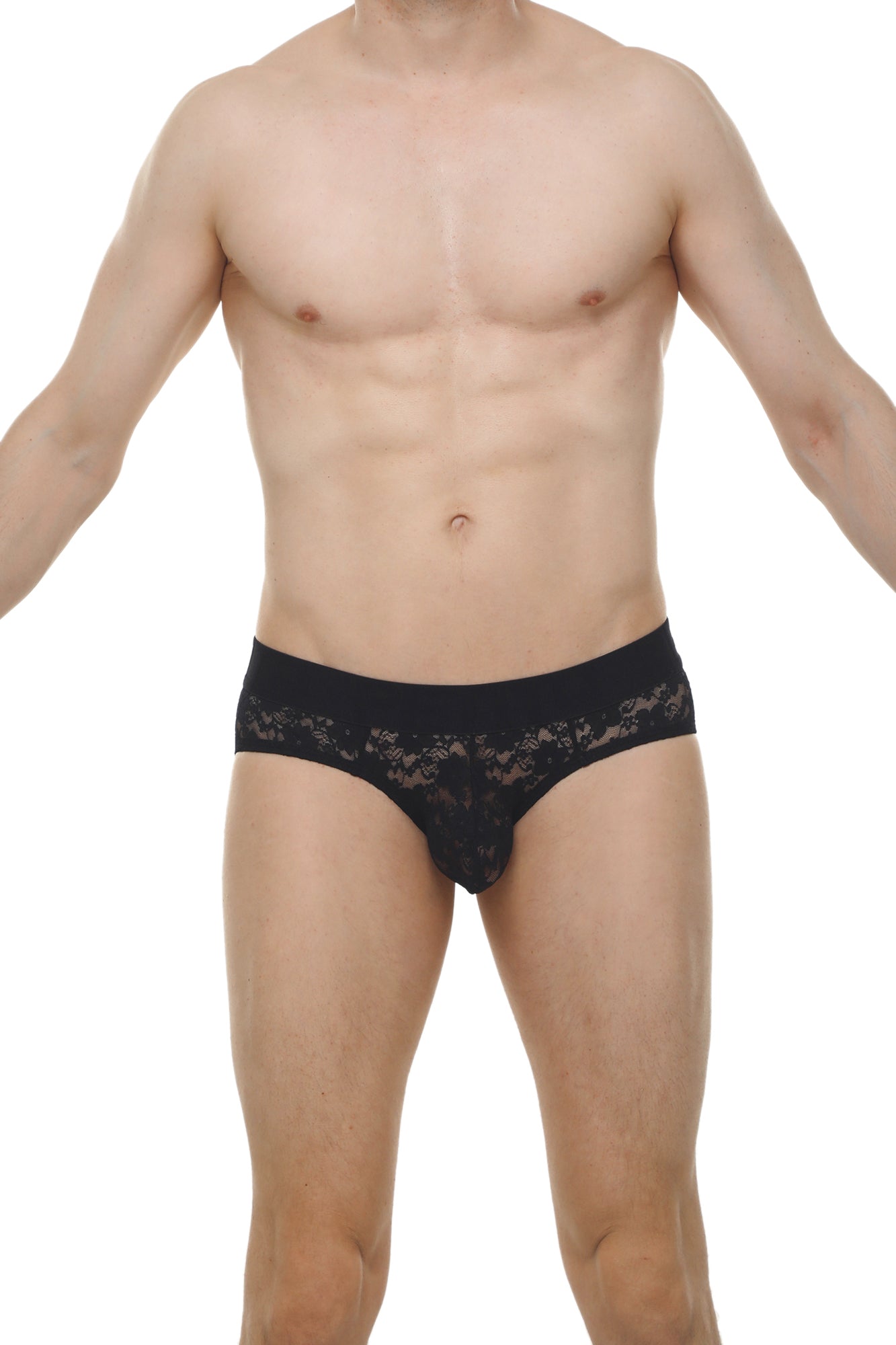 Black lace-trimmed men’s briefs in lace material designed for comfortable everyday wear brief dome lace black