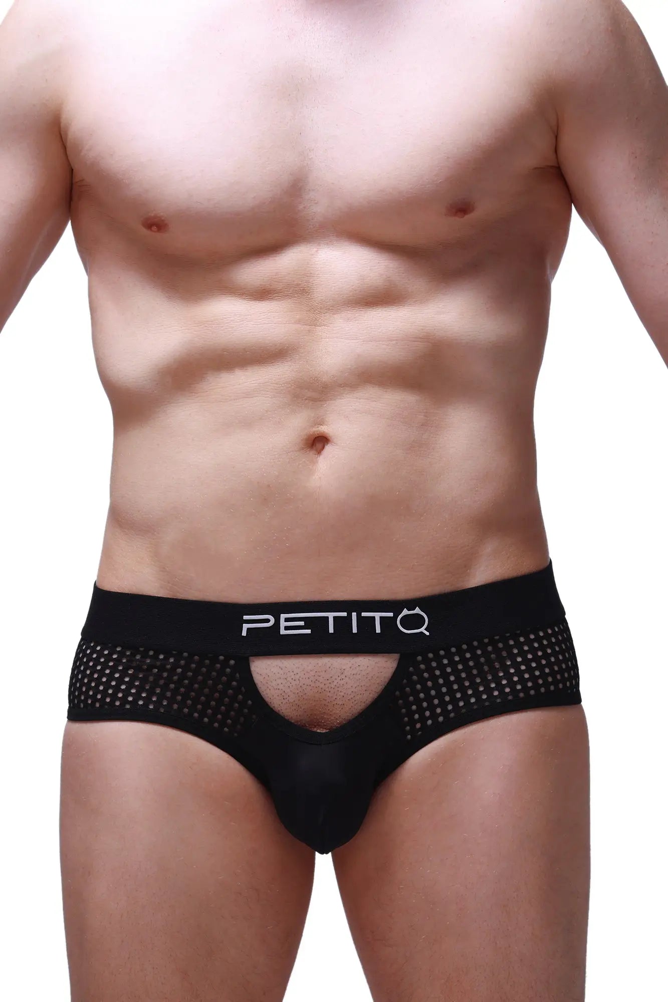 Brief ethel durtol black black mesh briefs with central cutout and petitq logo on the waistband