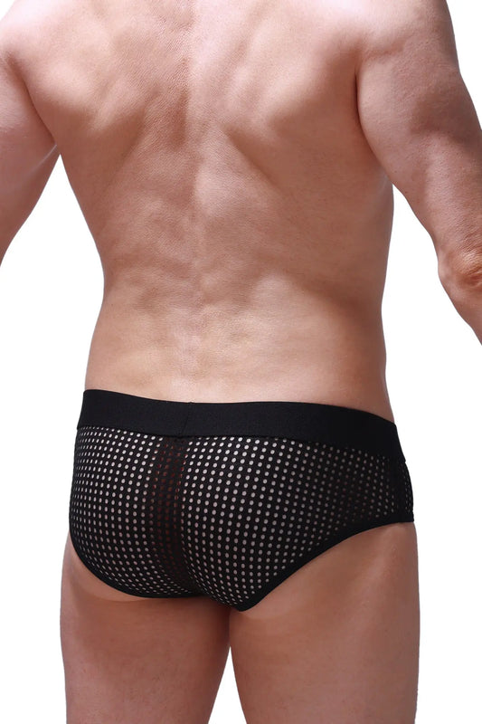 Brief ethel durtol black black mesh briefs with white dot pattern and solid black waistband, front view