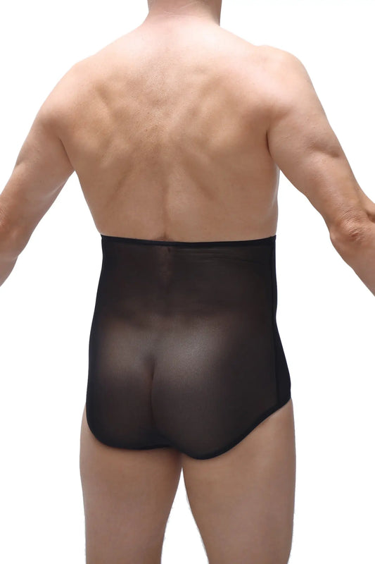 Black sheer mesh briefs with a gaine net design showing the back side of the product