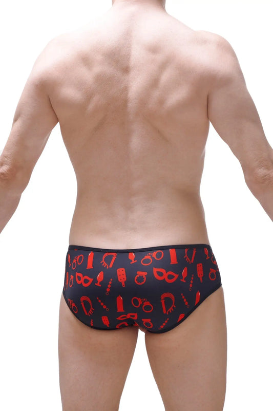 Black swim trunks with a bold red symbol pattern designed for brief hole cockring boudoir use